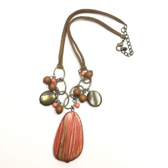 Orange Medallion Necklace, Orange & Gold Medallion Necklace, Suede - Picture 2 of 8